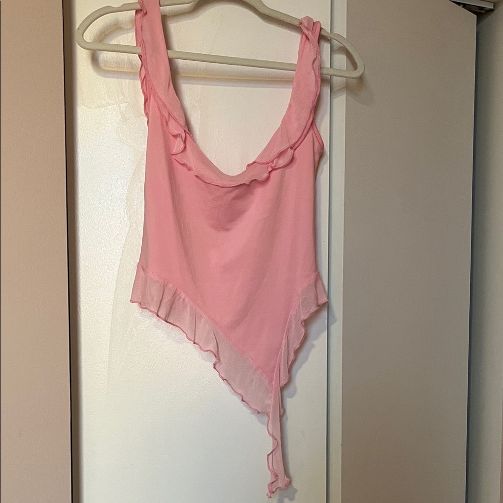 Pink Ruffled Asymmetrical Tank Top